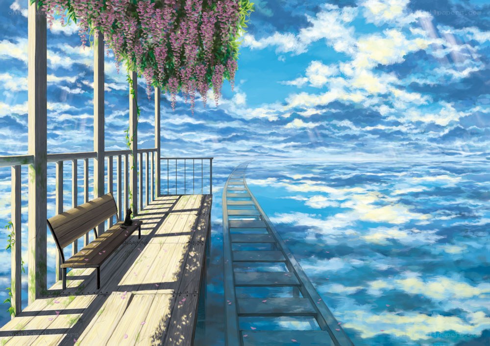 Pier with wisteria and sky path
