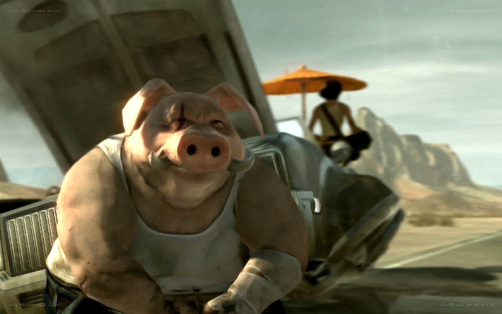 pig character in desert scene