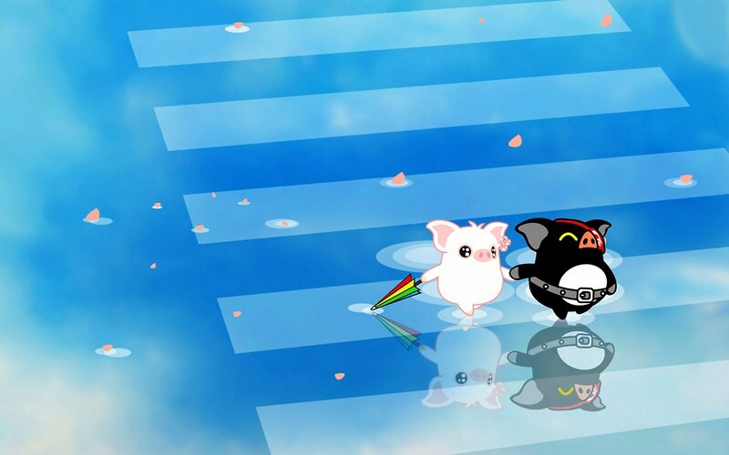 Pig characters on a rainbow path