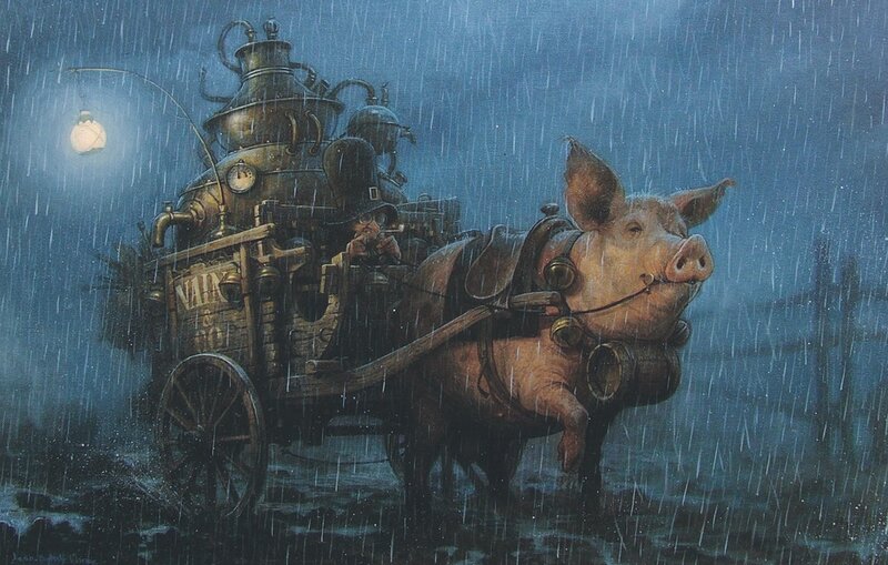 Pig-drawn steam carriage in rain