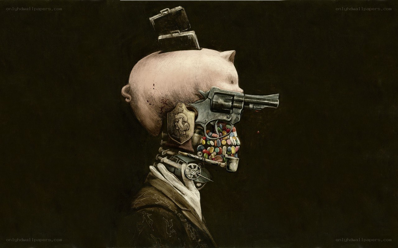 pig-headed figure with gun