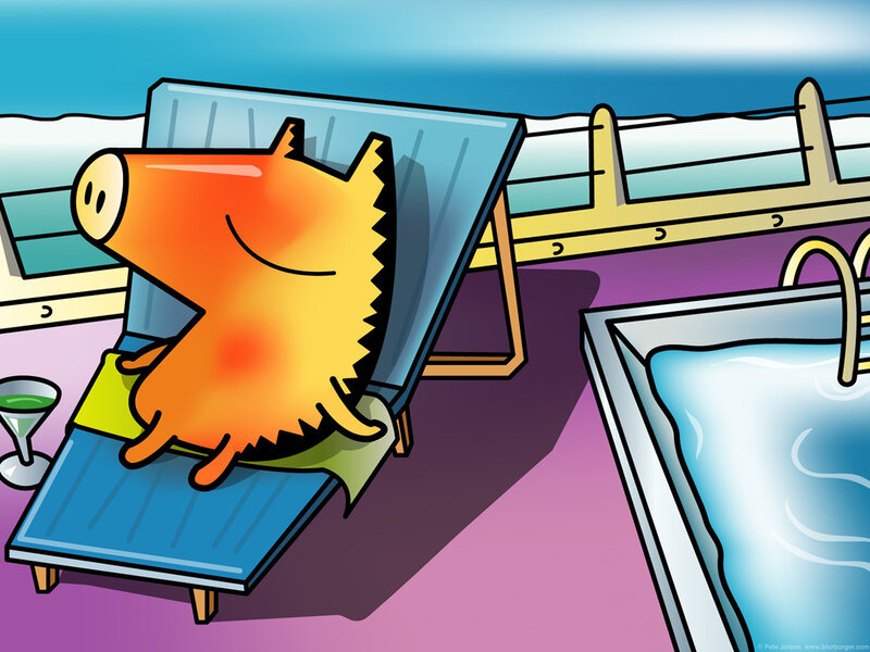 Pig relaxing by the pool