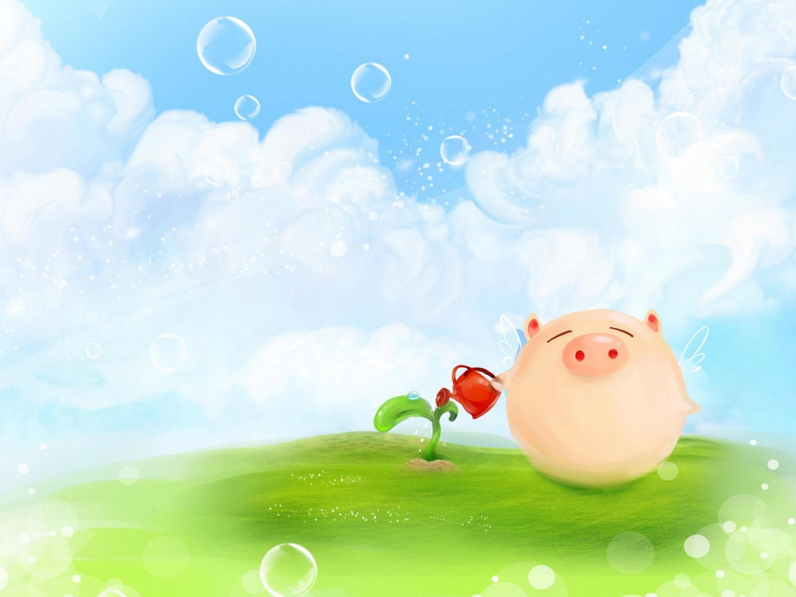 Pig watering a plant