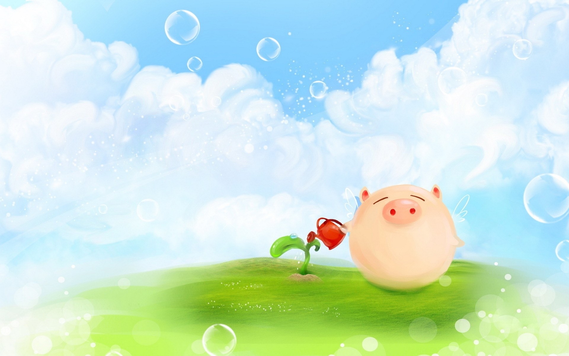 pig watering a plant