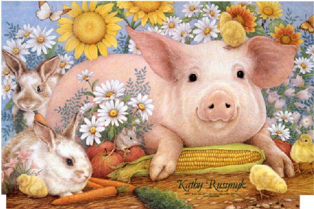 Pig with farm animals in flowers