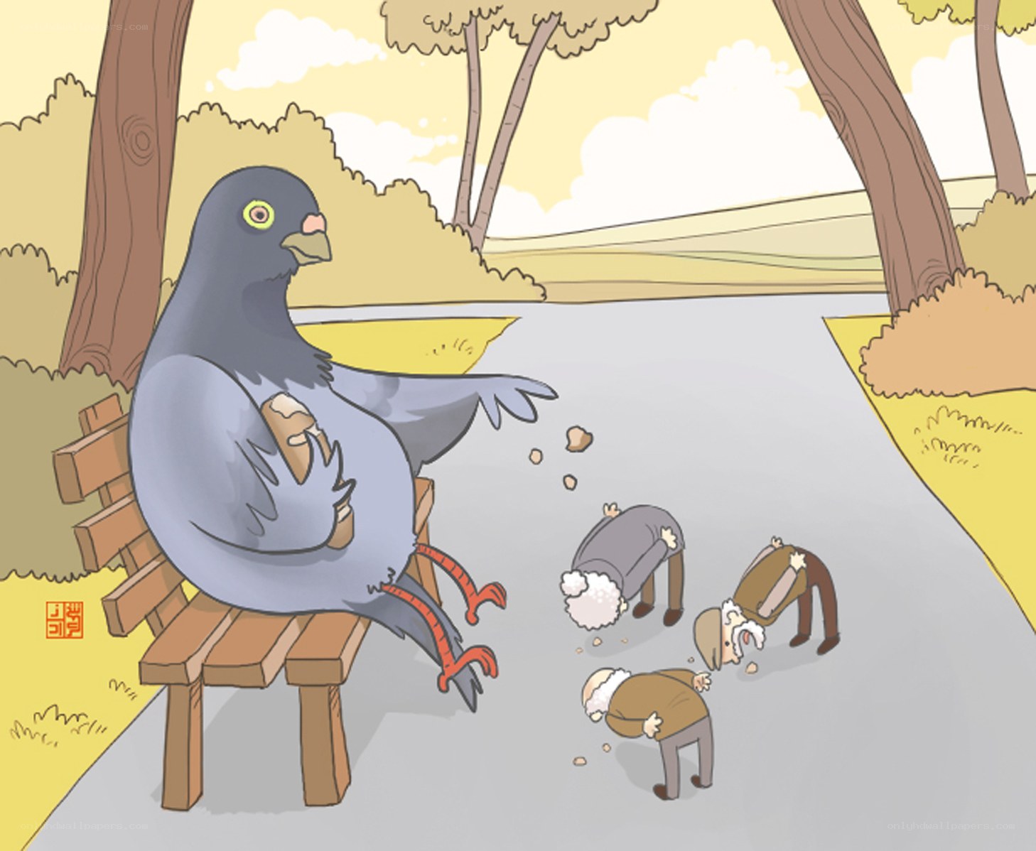 Pigeon feeding people