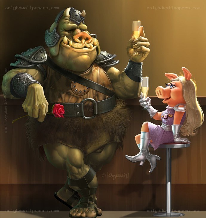 Piggy and a warrior in a bar