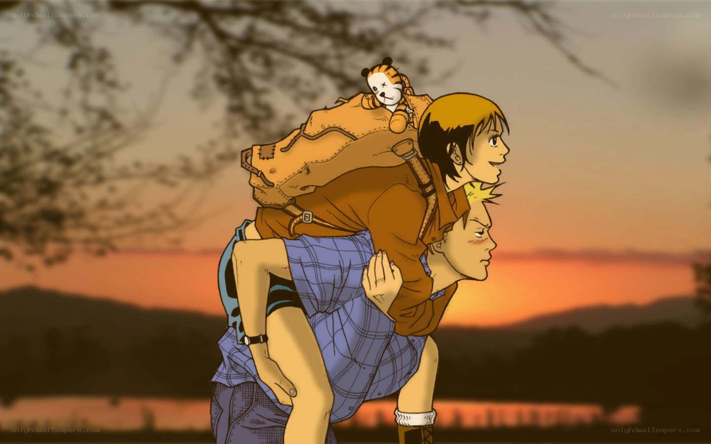 Piggyback ride at sunset