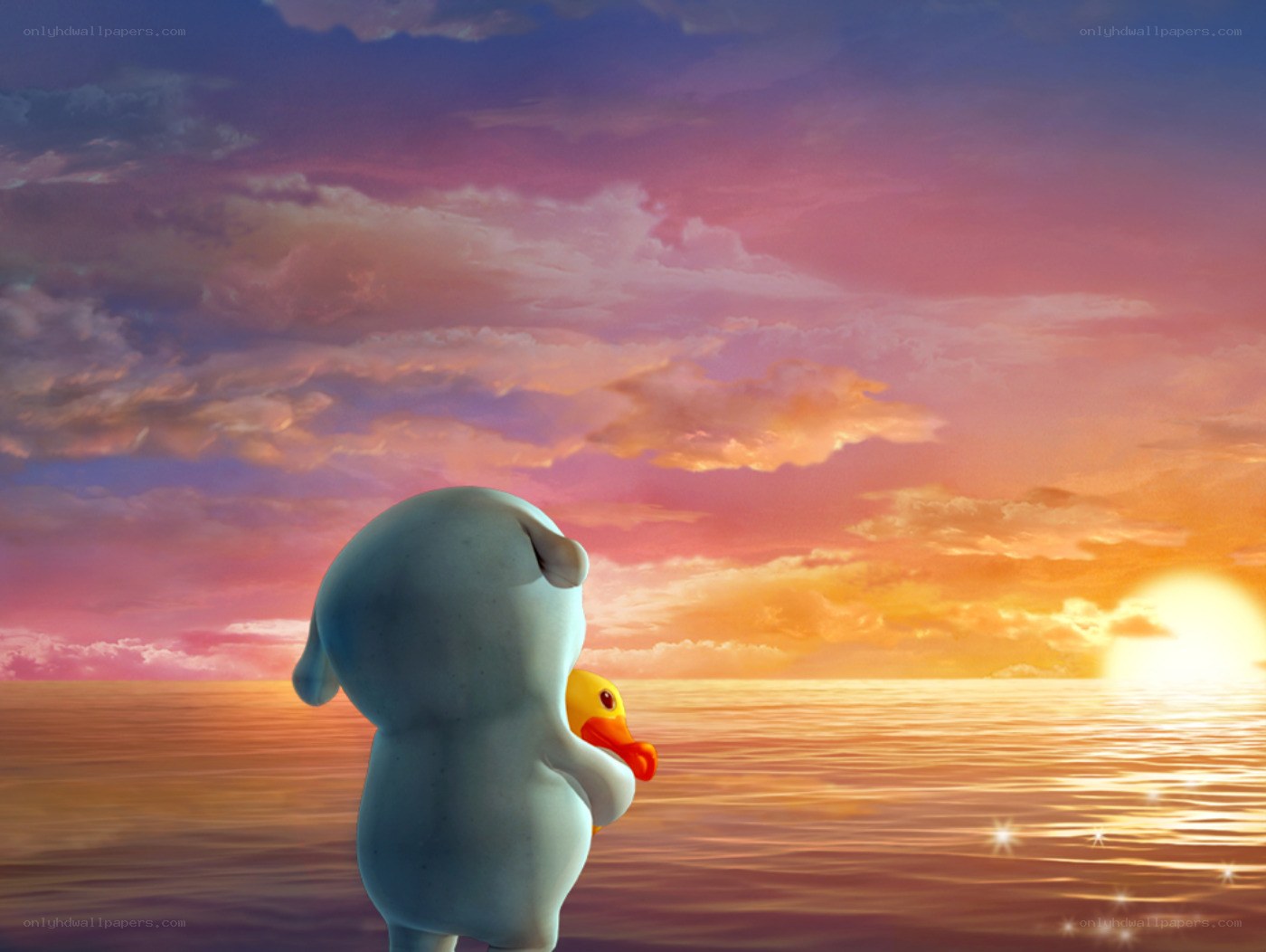 Piglet watching sunset with duck