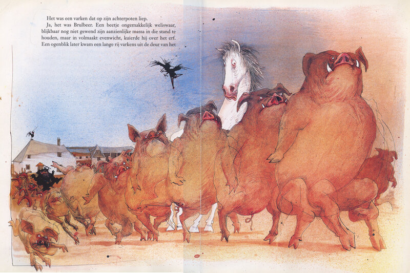 Pigs and a horse in chaos