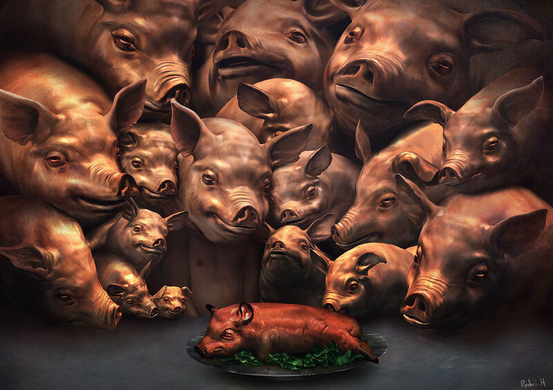 Pigs and a roasted pig