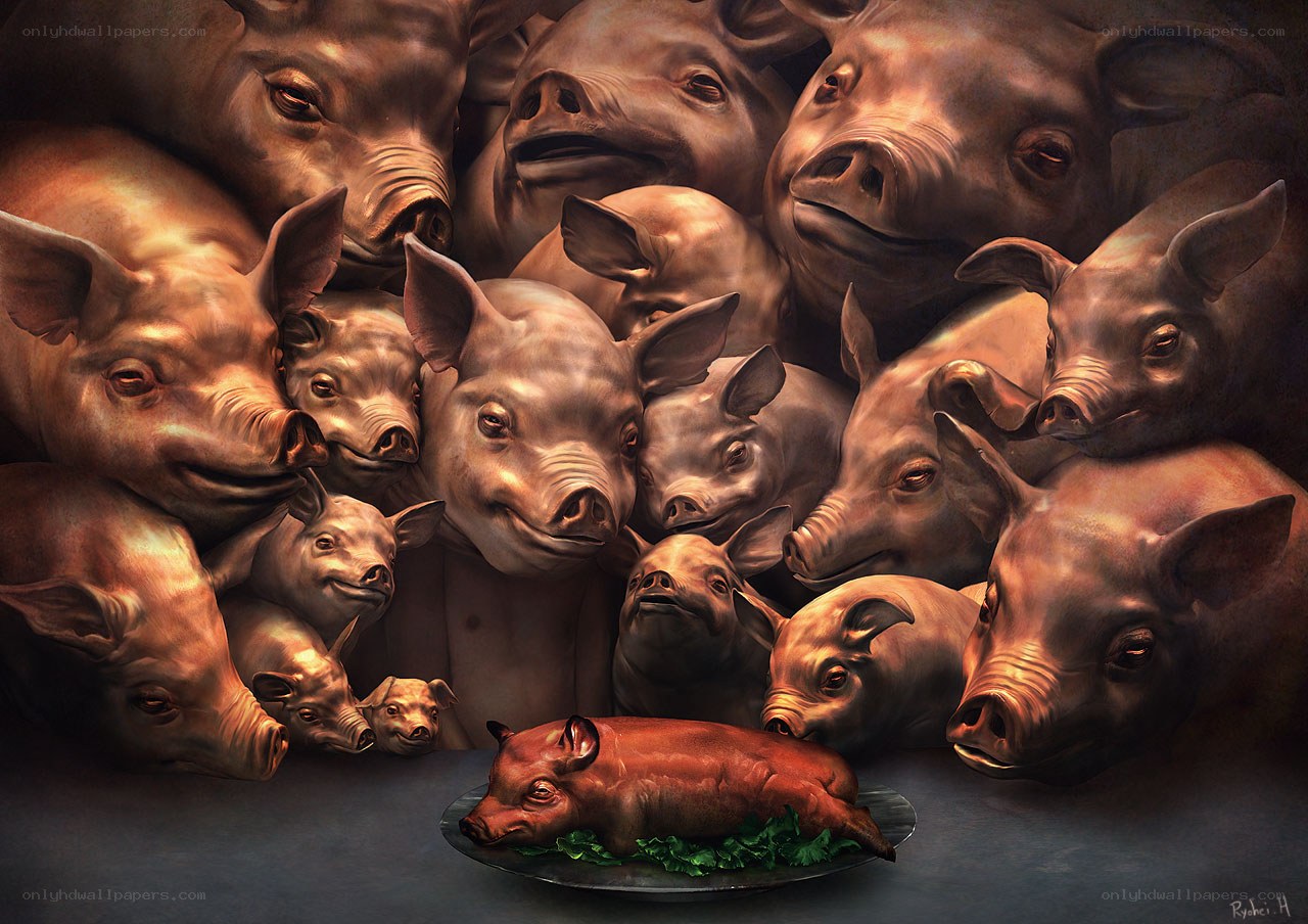 Pigs and a roasted pig