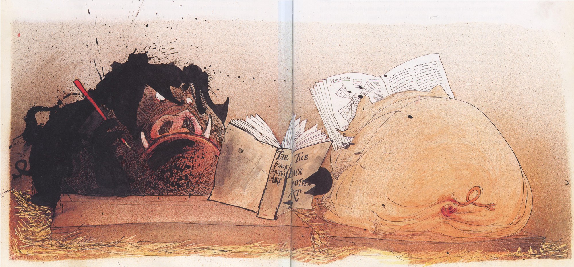 Pigs reading books in a barn