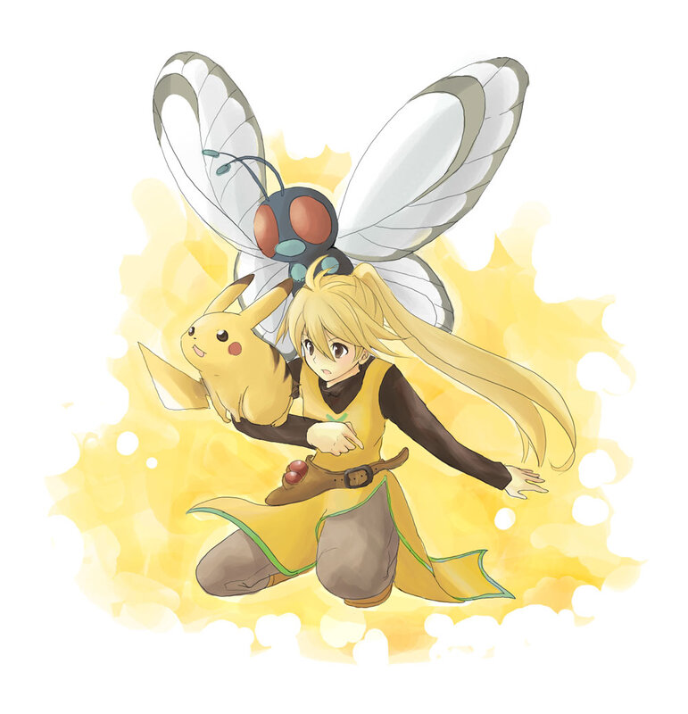Pikachu and Butterfree with trainer