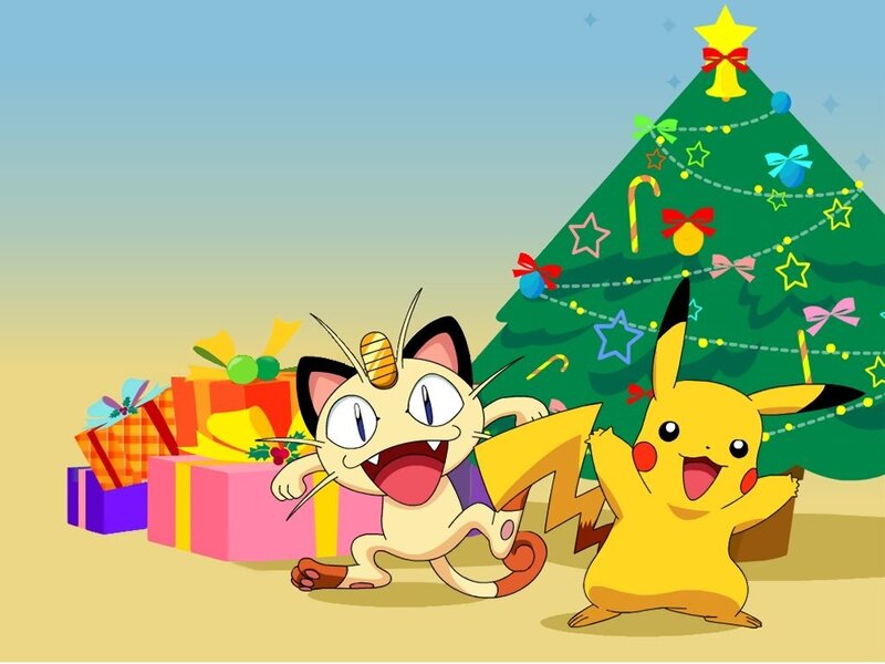 Pikachu and Meowth at Christmas