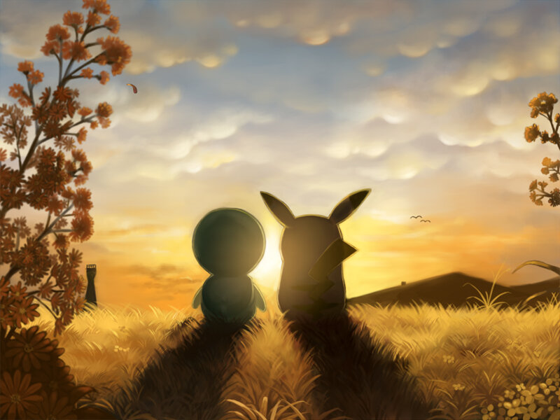 Pikachu and Piplup at sunset