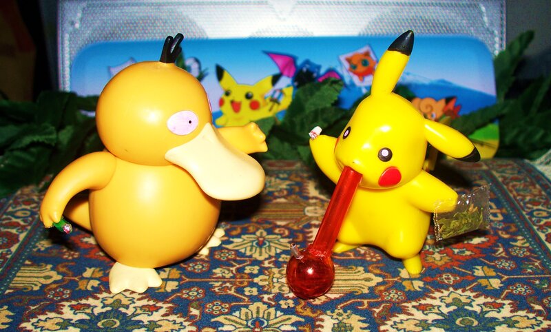 Pikachu and Psyduck with a pipe