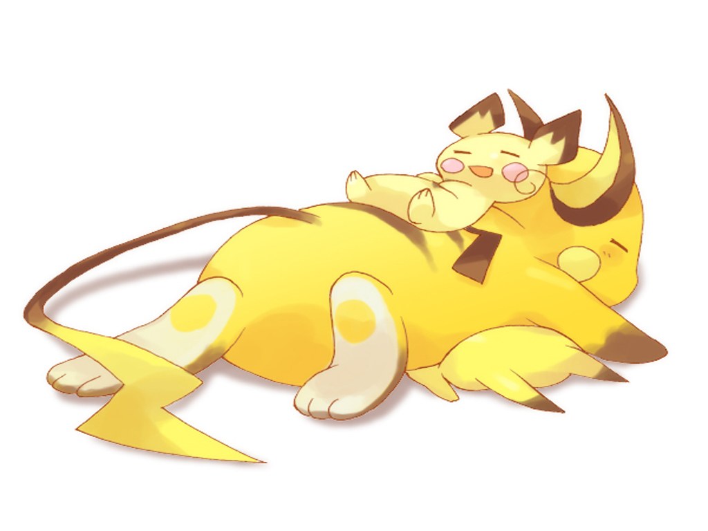 Pikachu and Raichu cuddling
