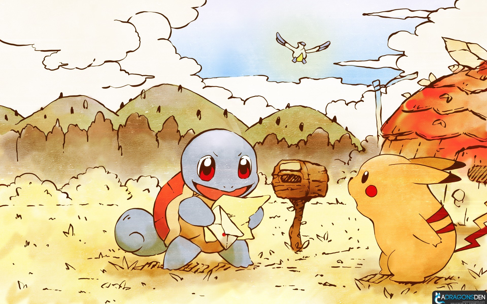 Pikachu and Squirtle with a letter