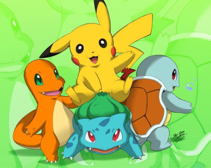 Pikachu and Three Starter Pokémon — Green