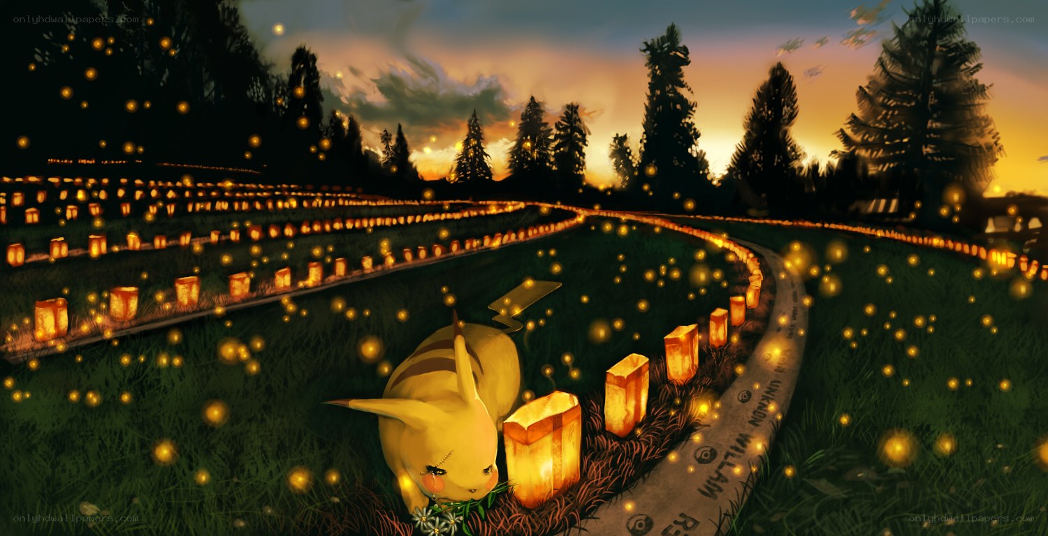 Pikachu at a lantern memorial