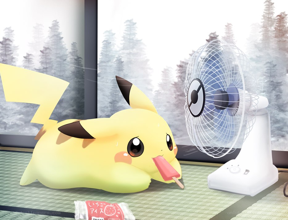 Pikachu cooling off with ice cream