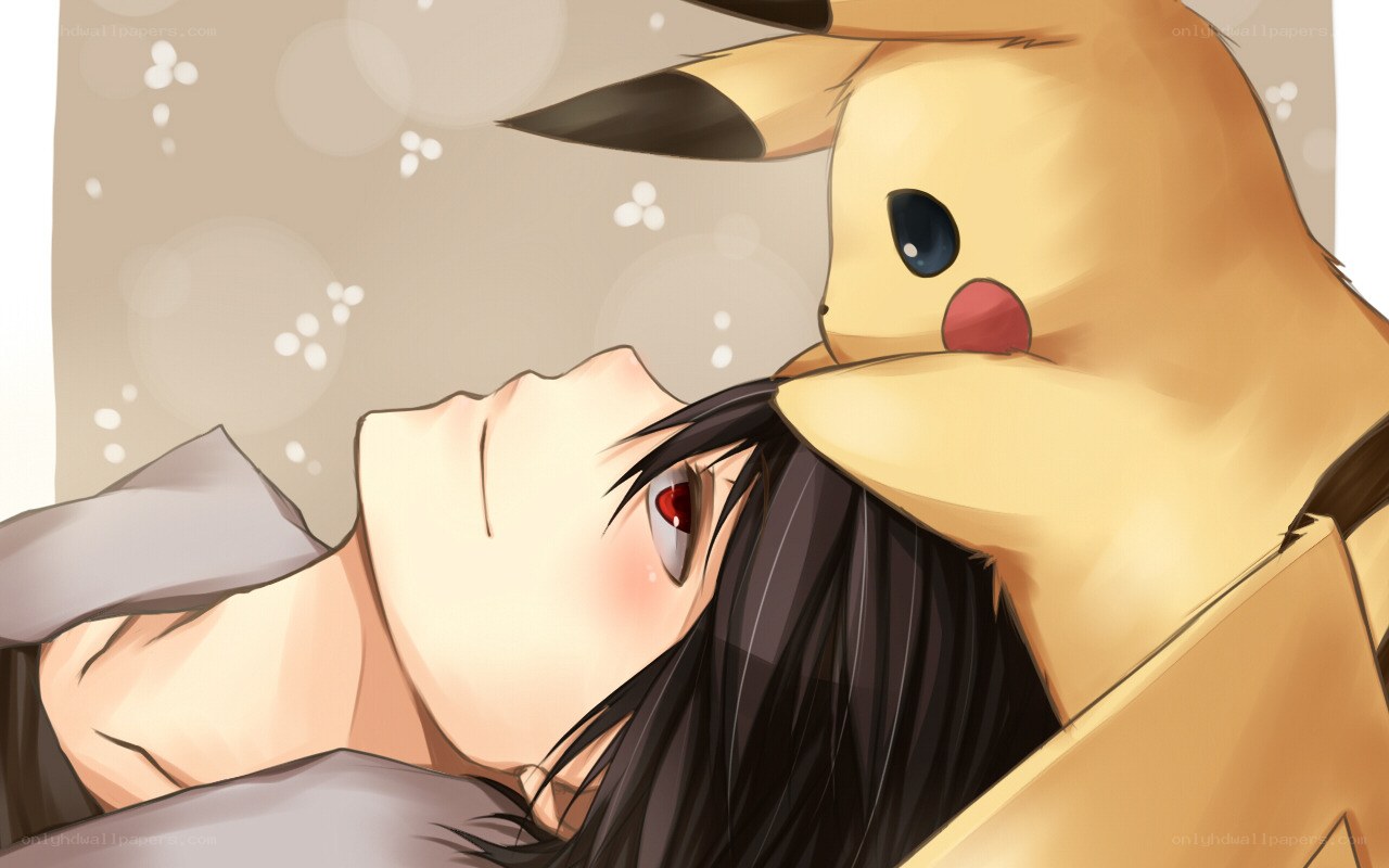 Pikachu cuddling a boy