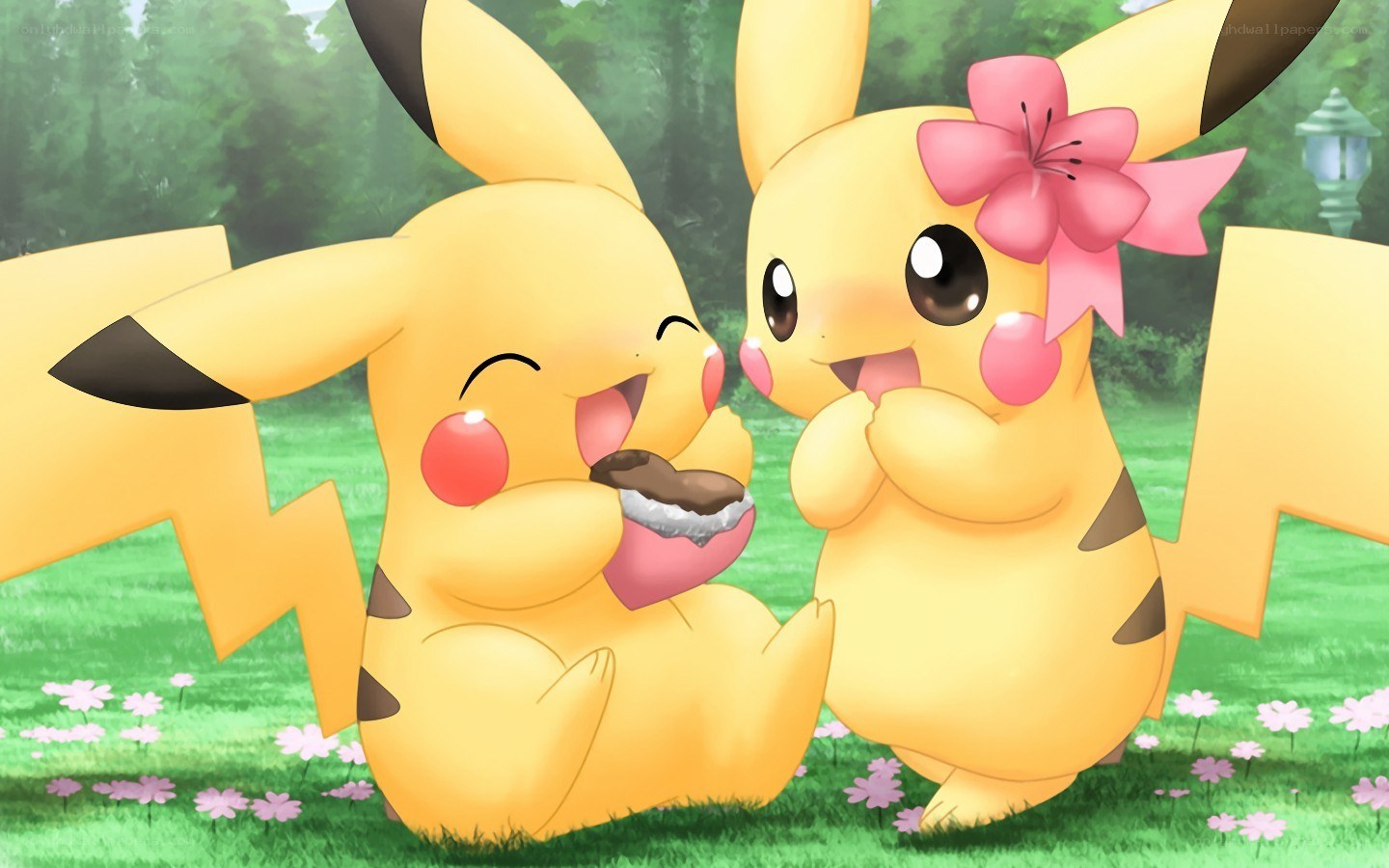 Pikachu eating with a friend