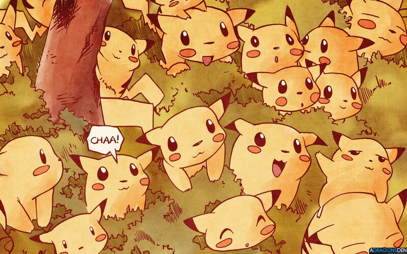 Pikachu gathering in forest