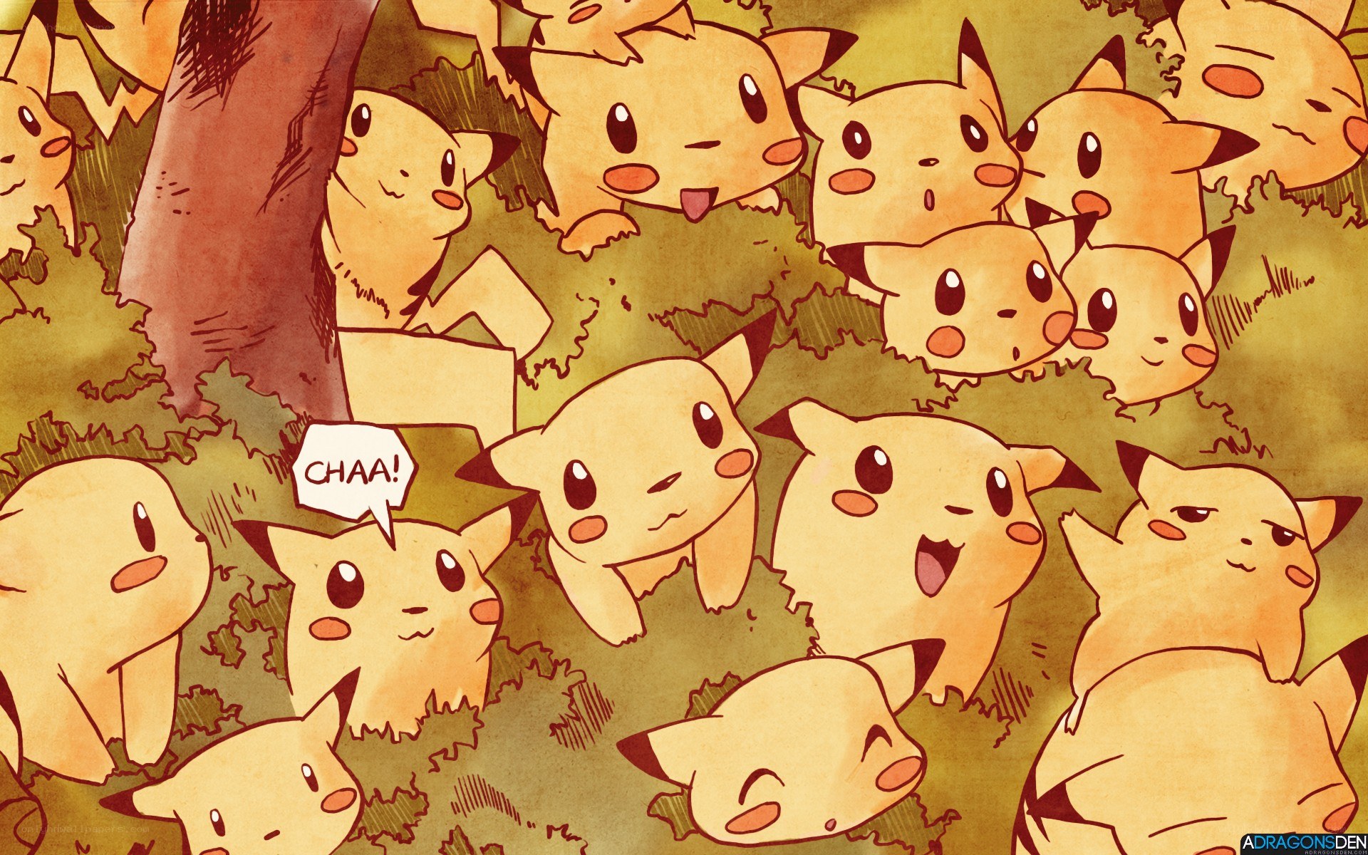 Pikachu gathering in forest