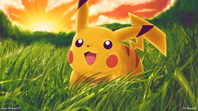 Pikachu in Grass — Yellow, Serene, Sunset