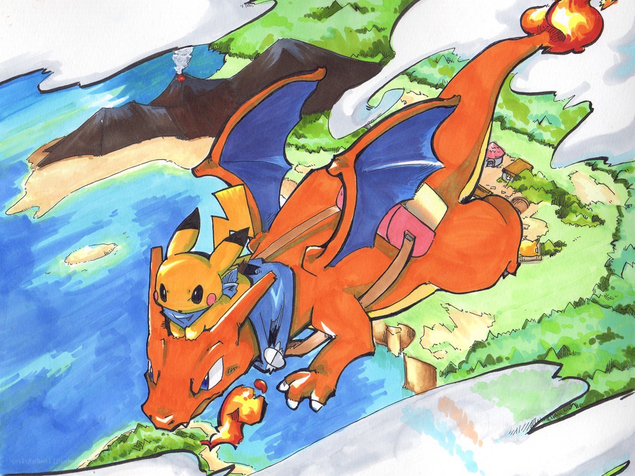 Pikachu riding Charizard