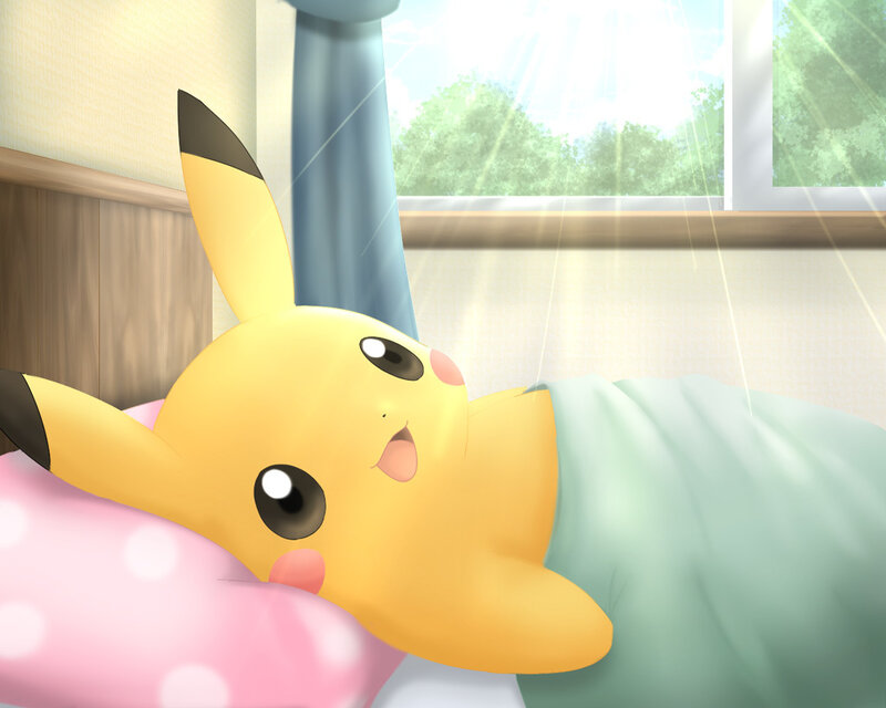 Pikachu sleeping in bed