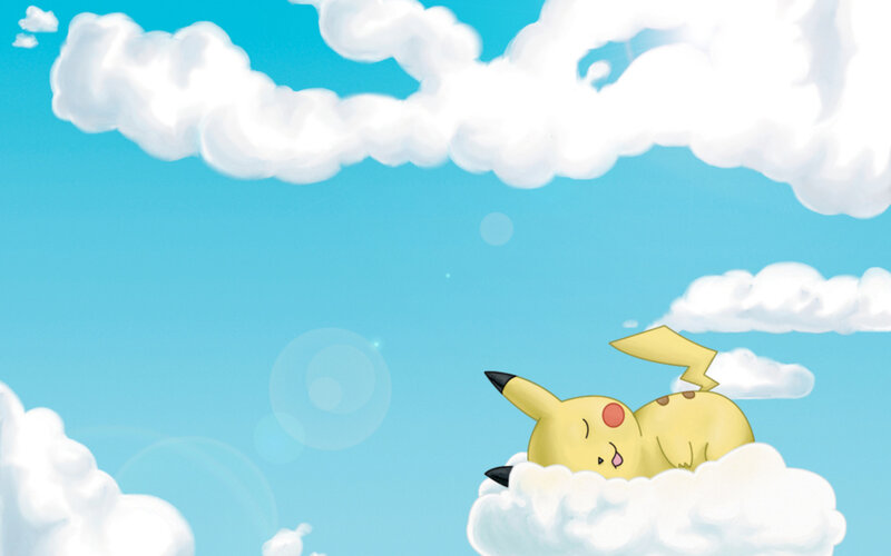 Pikachu sleeping on a cloud