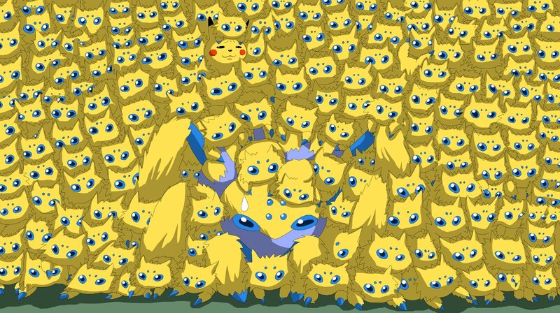 Pikachu surrounded by yellow creatures