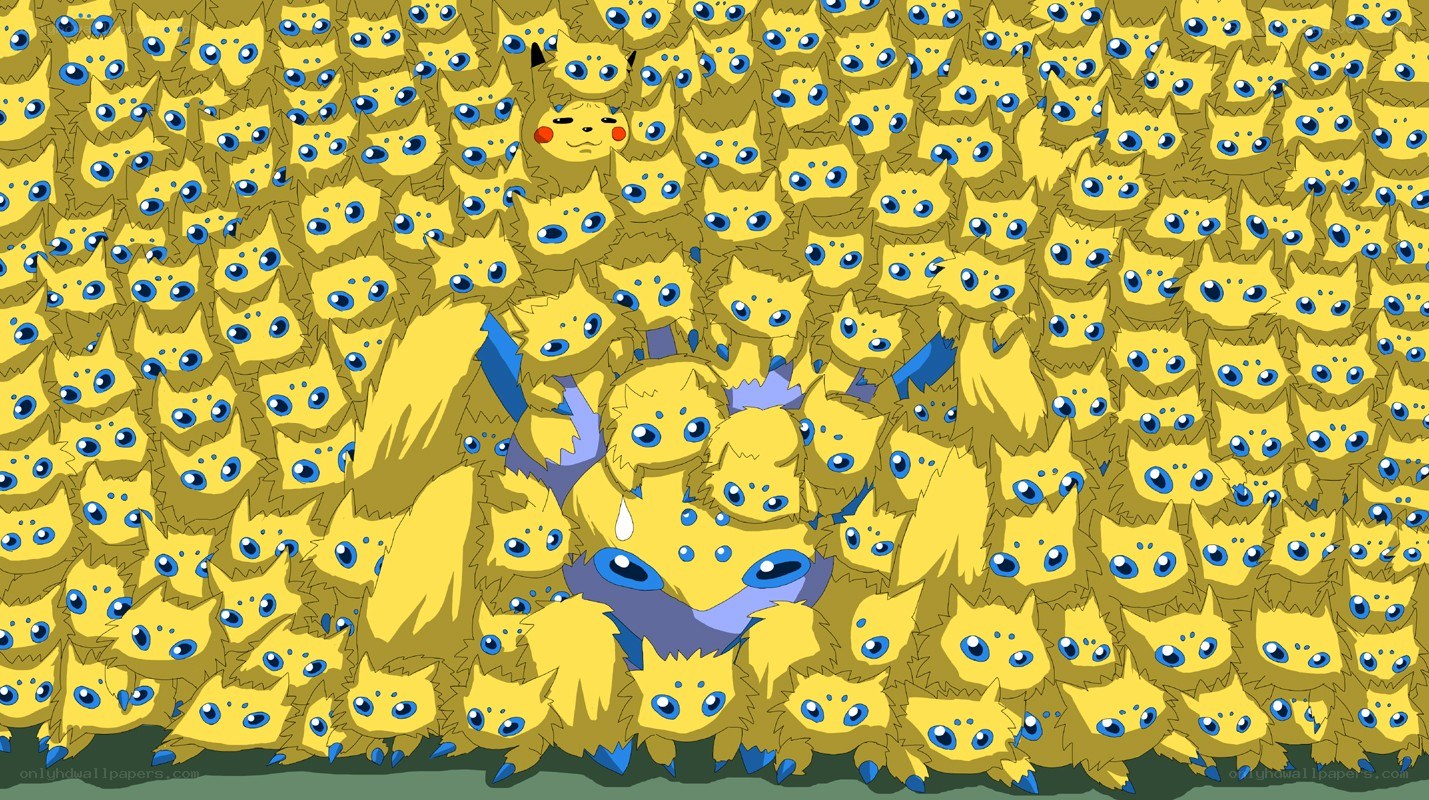 Pikachu surrounded by yellow creatures