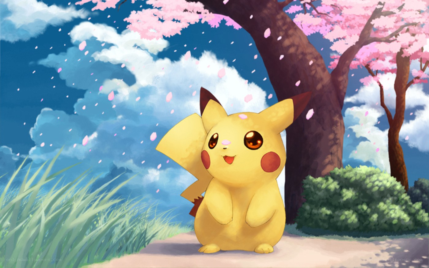 Pikachu under cherry blossoms