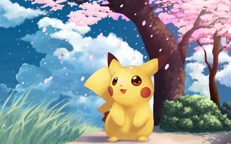 Pikachu under cherry blossoms