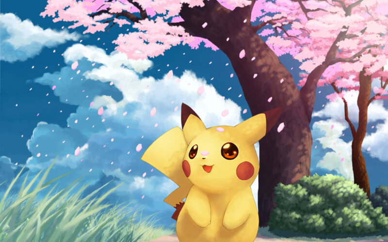 Pikachu under cherry blossoms
