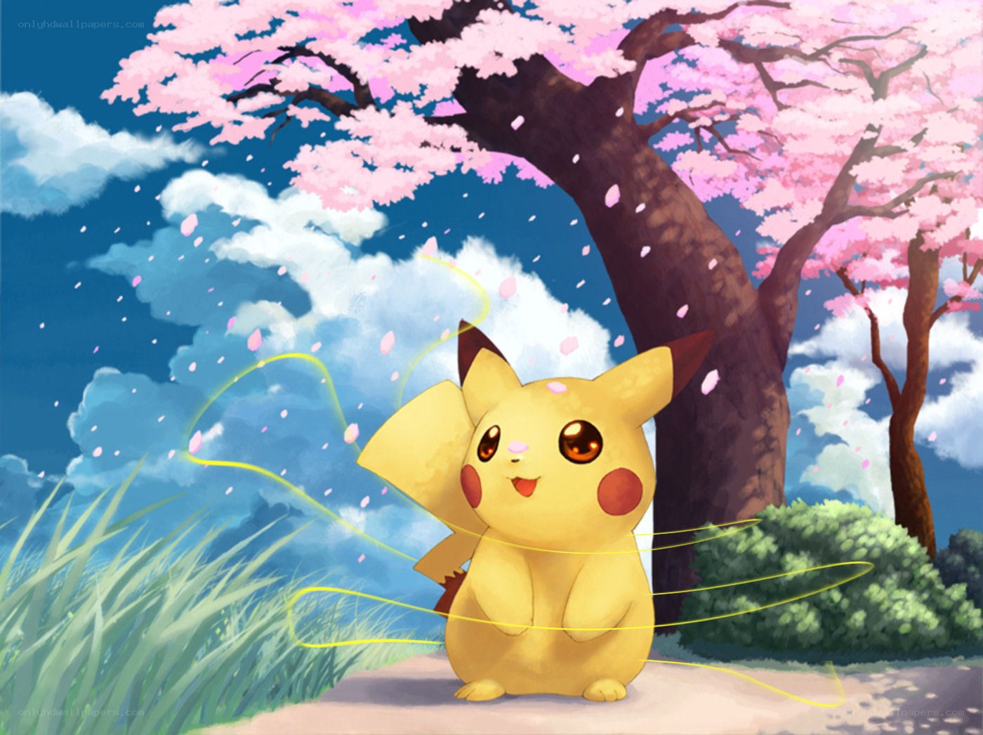 Pikachu under cherry blossoms