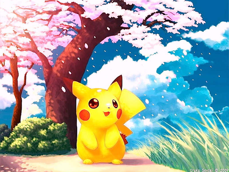 Pikachu under cherry blossoms