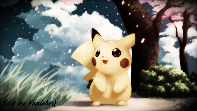 Pikachu under Cherry Blossoms — Yellow, Serene, Spring, Digital Art, Cherry Blossoms