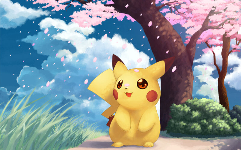 Pikachu under Cherry Blossoms — Yellow, Serene, Spring, Digital Art, Cherry Blossoms, Tree