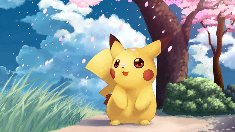 Pikachu under Cherry Blossoms — Yellow, Serene, Spring, Digital Art