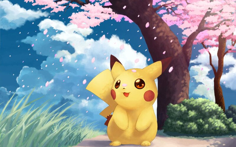 Pikachu under Cherry Blossoms — Yellow, Serene, Spring