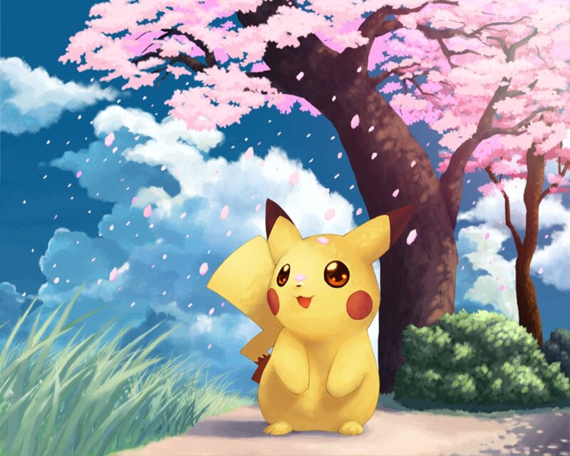 Pikachu under Cherry Blossoms — Yellow, Serene