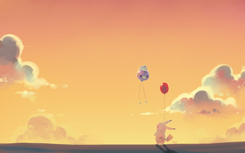Pikachu with balloons at sunset