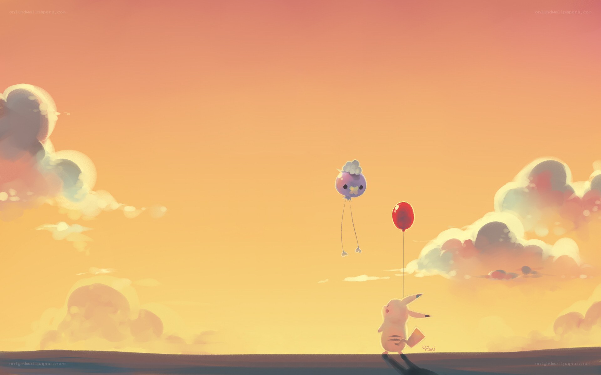 Pikachu with balloons at sunset