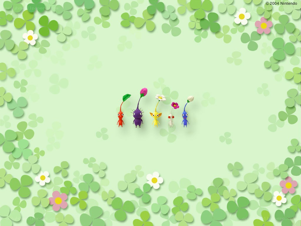Pikmin characters in a clover field