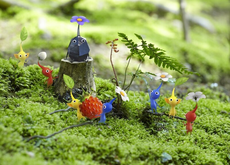 Pikmin characters in a forest